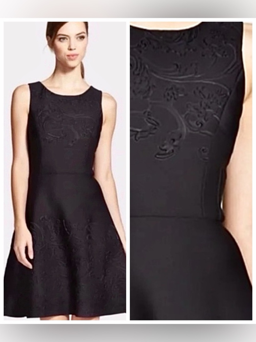 VERA WANG Classic Sleeveless Floral Laser Cut Black A-Line Scuba Midi Dress 12
